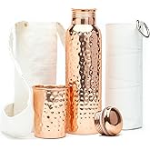 Kitchen Science Authentic Ayurvedic Copper Water Bottle (34oz/1000 ml) w/Copper Tumbler for Drinking Water, Carrying Bag & Deco Sleeve | Lab-Tested, Leak-Proof