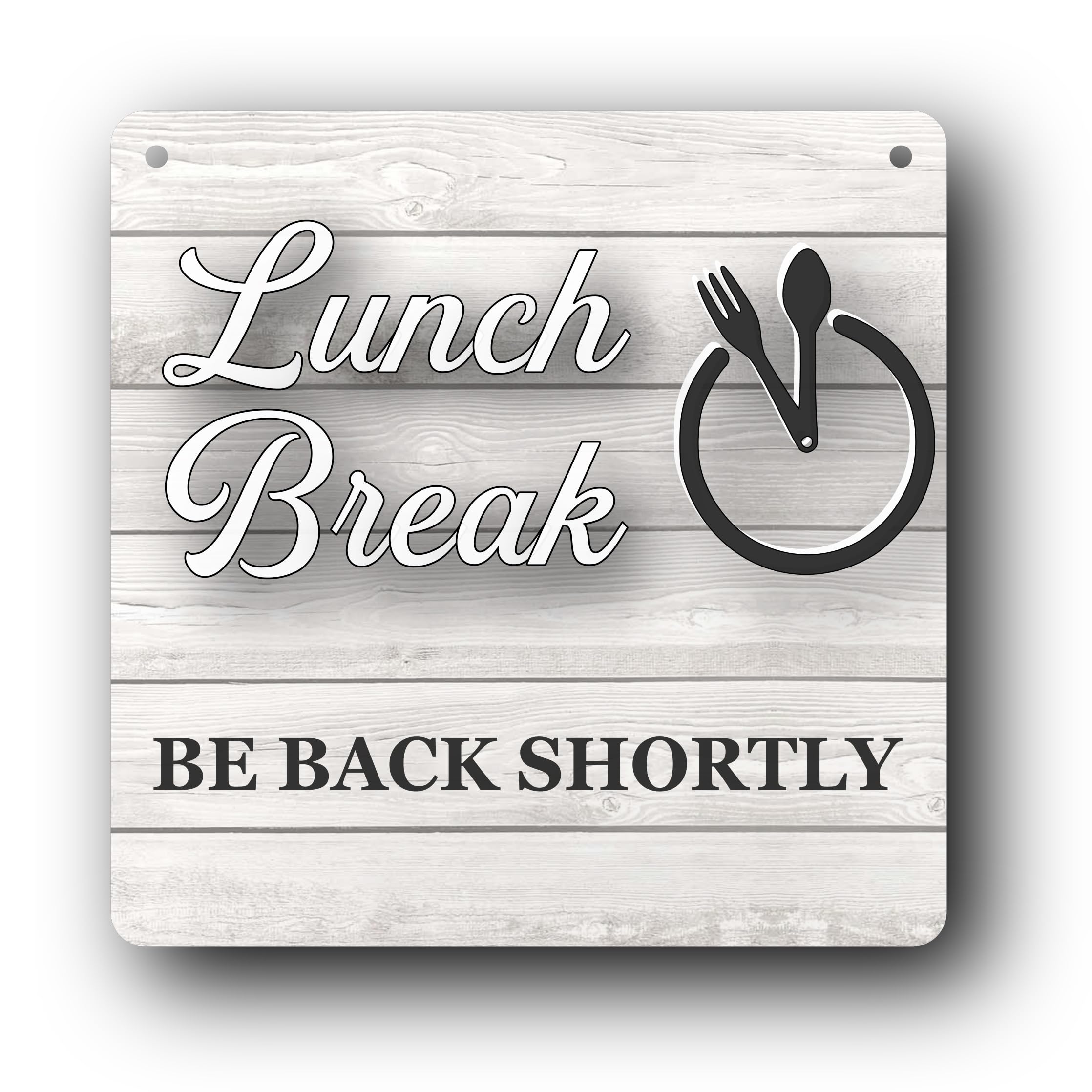 NorthByNorthEast Aluminium Composite 'Lunch Break Be Back Soon' Sign – White, UV Printed, Indoor/Outdoor, Shop Door Hanging Sign, 145x145mm