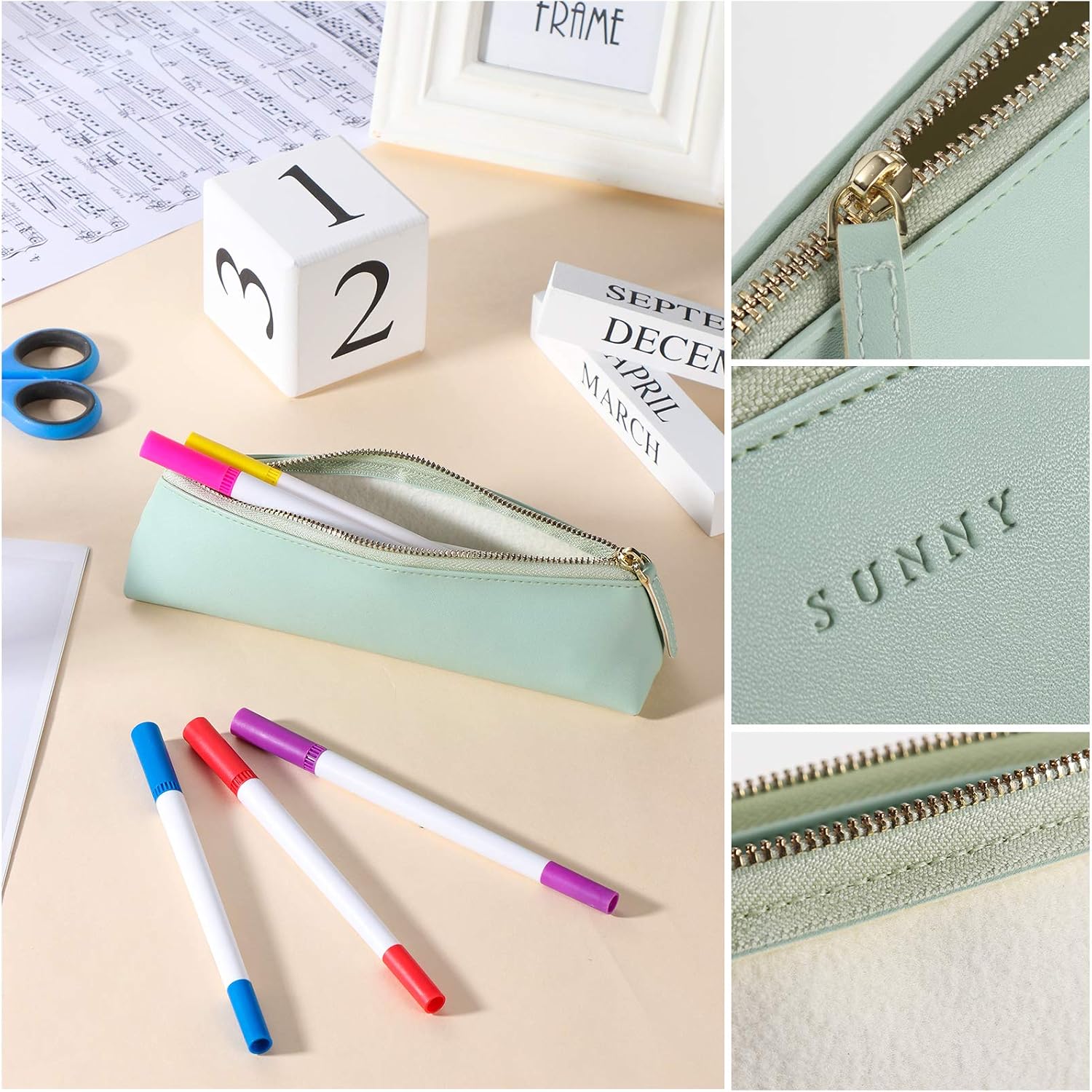 Fyore Luxury PU Leather Pencil Case Slim Design with Metallic Zipper Pocket Size for Pen Make Up Brush (Green) - Image 5