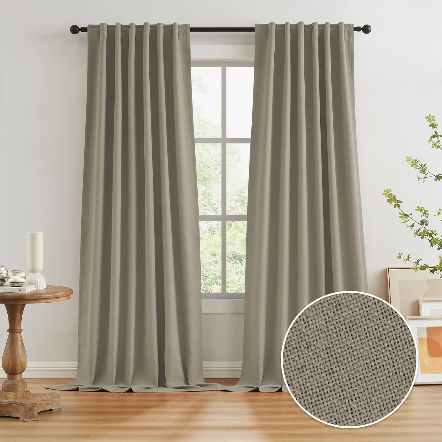 Window Treatments - 102 Inch Blackout Curtains Taupe for Living Room 2 Panels Back Tab Pocket Hook Belt Primitive Burlap Farmhouse Large Window Faux Linen Drape for Sliding Door Track Pleated Look Sand Beach Decor