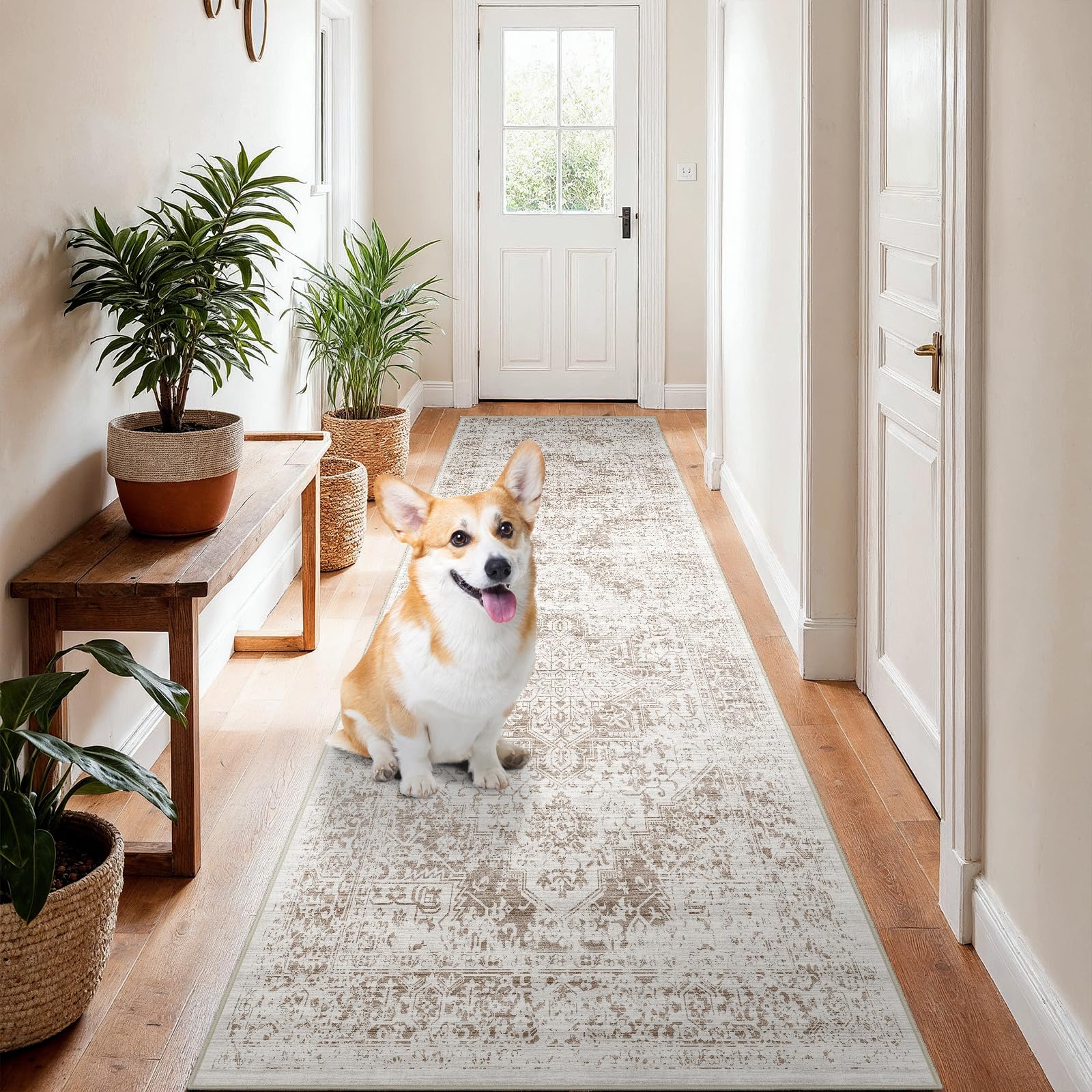 2x8 Washable Hallway Runner Rug - Vintage Kitchen Runners Low Pile Carpet Soft Thin Floor Runner with Rubber Backing for Entryway Living Room Home Decor (Cream/Camel) Image