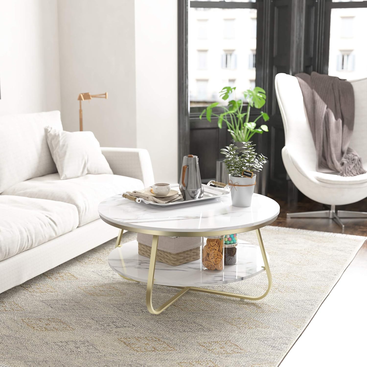 Elephance Round Coffee Table with Storage, 35.8 Inch Rustic Wood Coffee Table with Strong Metal Frame for Living Room, Dining Room, Cocktail Table, Round Sofa Table (White): Kitchen & Dining