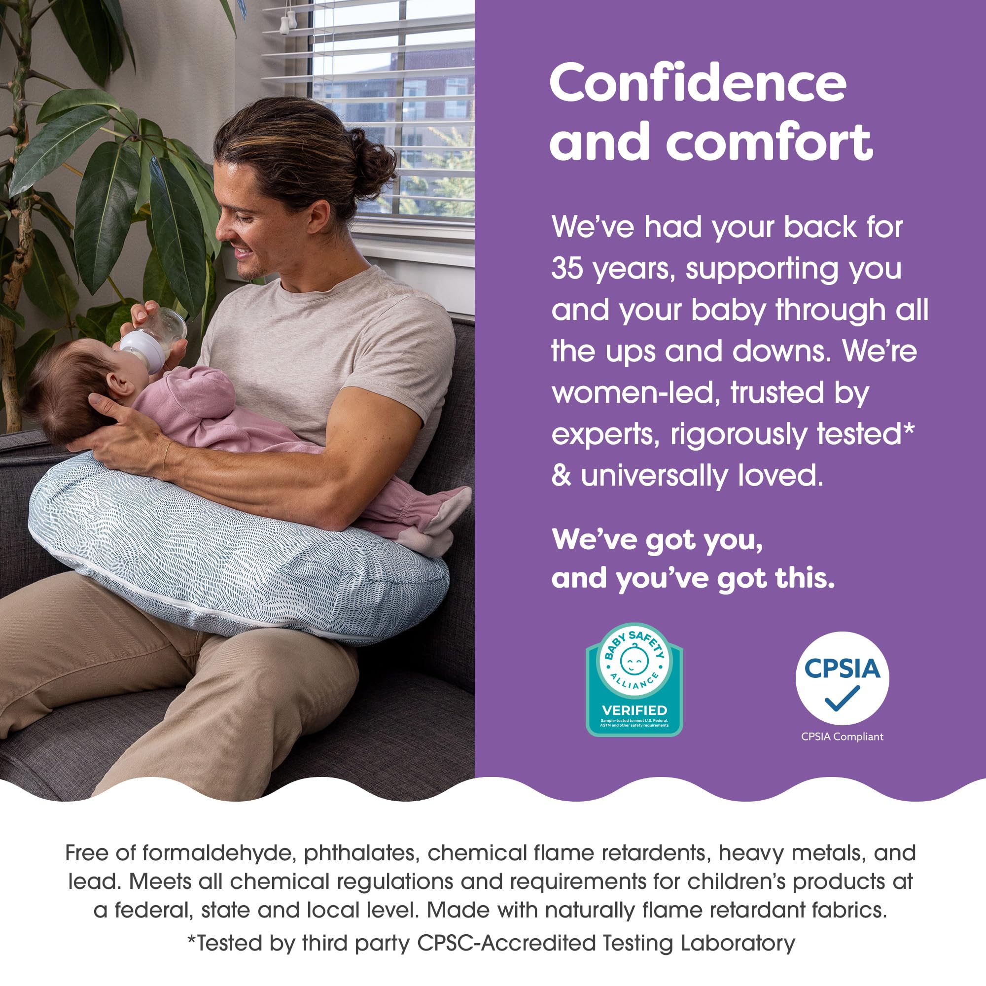 Boppy Nursing Pillow - Ergonomic Bottle & Breastfeeding Pillow with High, Firm, Large Area, Water-Repellent Cushion with Washable Cover; Baby Safety Alliance Verified - Blue Speckled Current