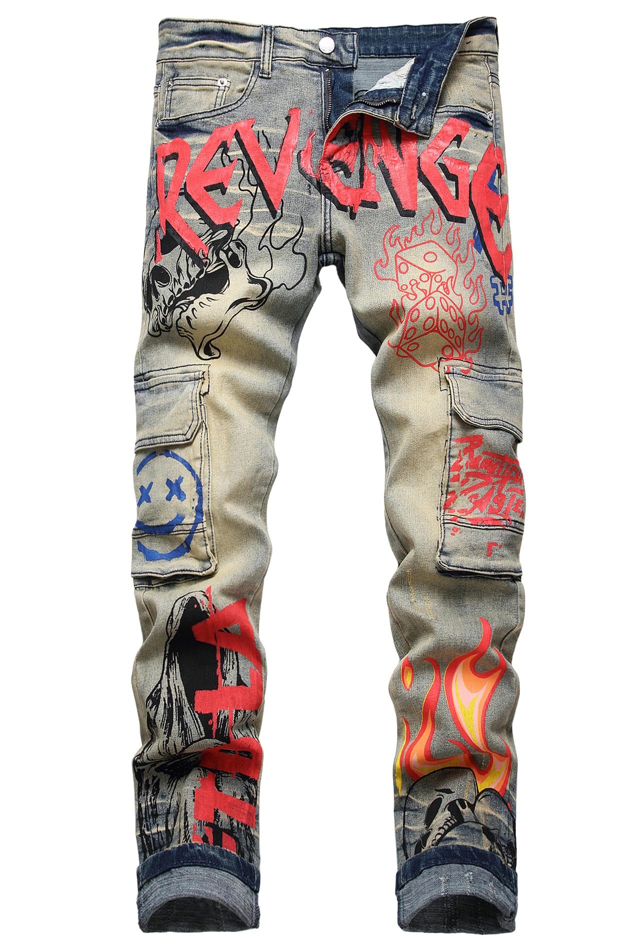 Baylvn Men's Designer Straight Slim Fit Patchwork Jeans Comfort Skinny Biker Denim Pants