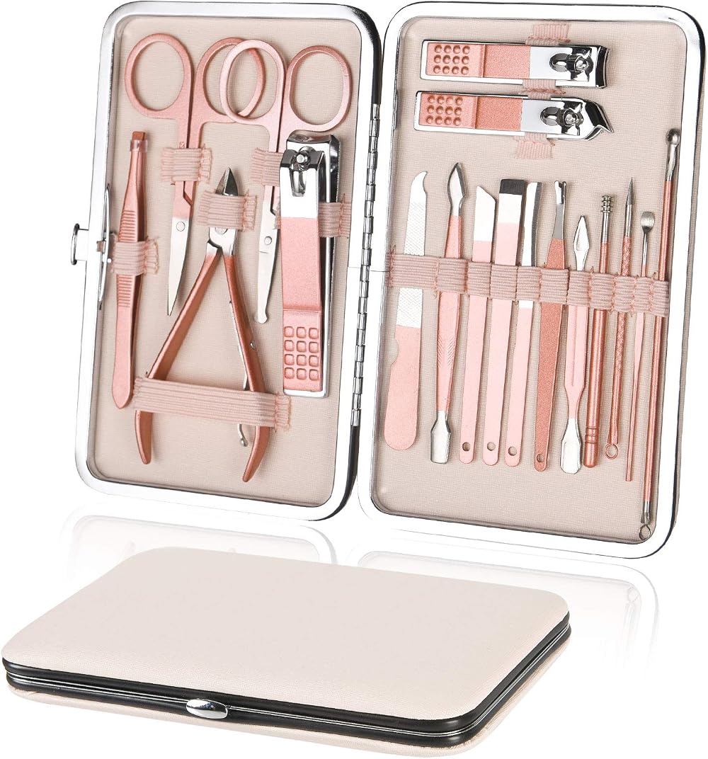 URAQT Nail Clippers 18-Piece Manicure Set with Leather Case - Stainless Steel