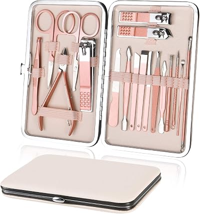 URAQT Nail Clippers 18-Piece Manicure Set with Leather Case - Stainless Steel