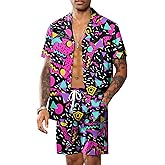 LecGee Men's Rave Outfits Hawaiian Shirts and Shorts Sets 2 Pieces Retro 80s 90s Outfit