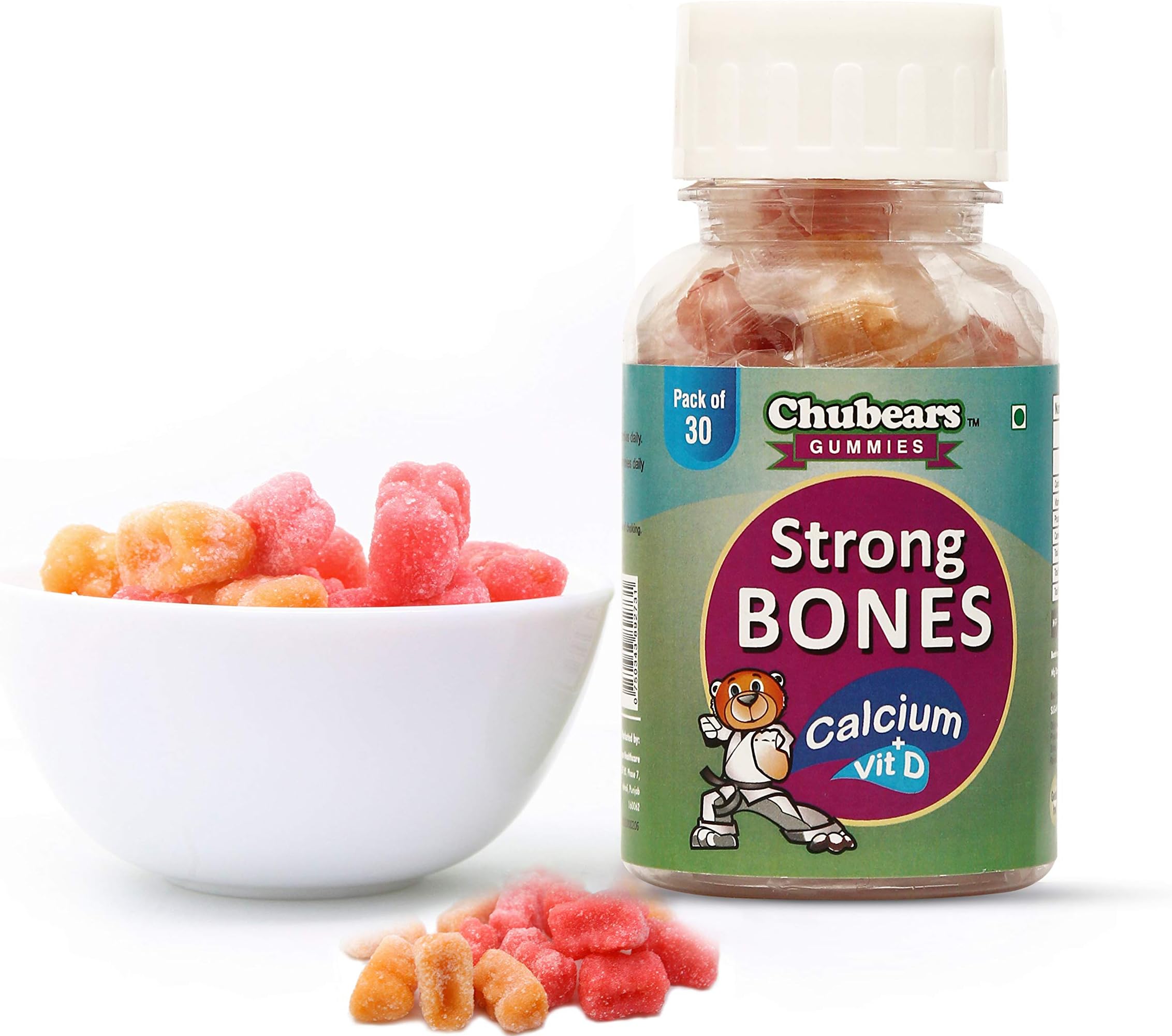CHUBEARS Strong Bones Calcium and Vitamin D (400 IU) Gummy Bears Naturally Flavoured Tasty Candy for Kids - 30 Gummies Pack