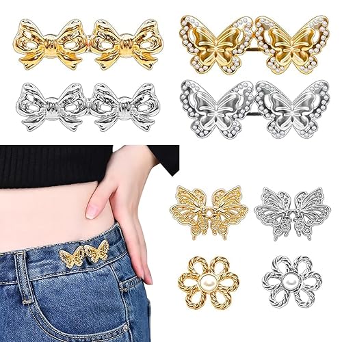 8Pairs No Sewing Required Waist Tightener (Butterfly, Bow and Flower Shaped), Adjustable Waist Tightener for Jeans, Pant Waist Tightener for Loose Jeans,Skirts,Sleeves,Sweaters (Silvery and Golden)