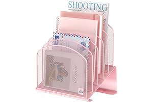 Delifox Inclined Desk File Organizer, 5-Section Vertical File Folder Holder Stand Metal Rack File Sorter for Office Classroom Desktop Organization (Pink, 1Pack)