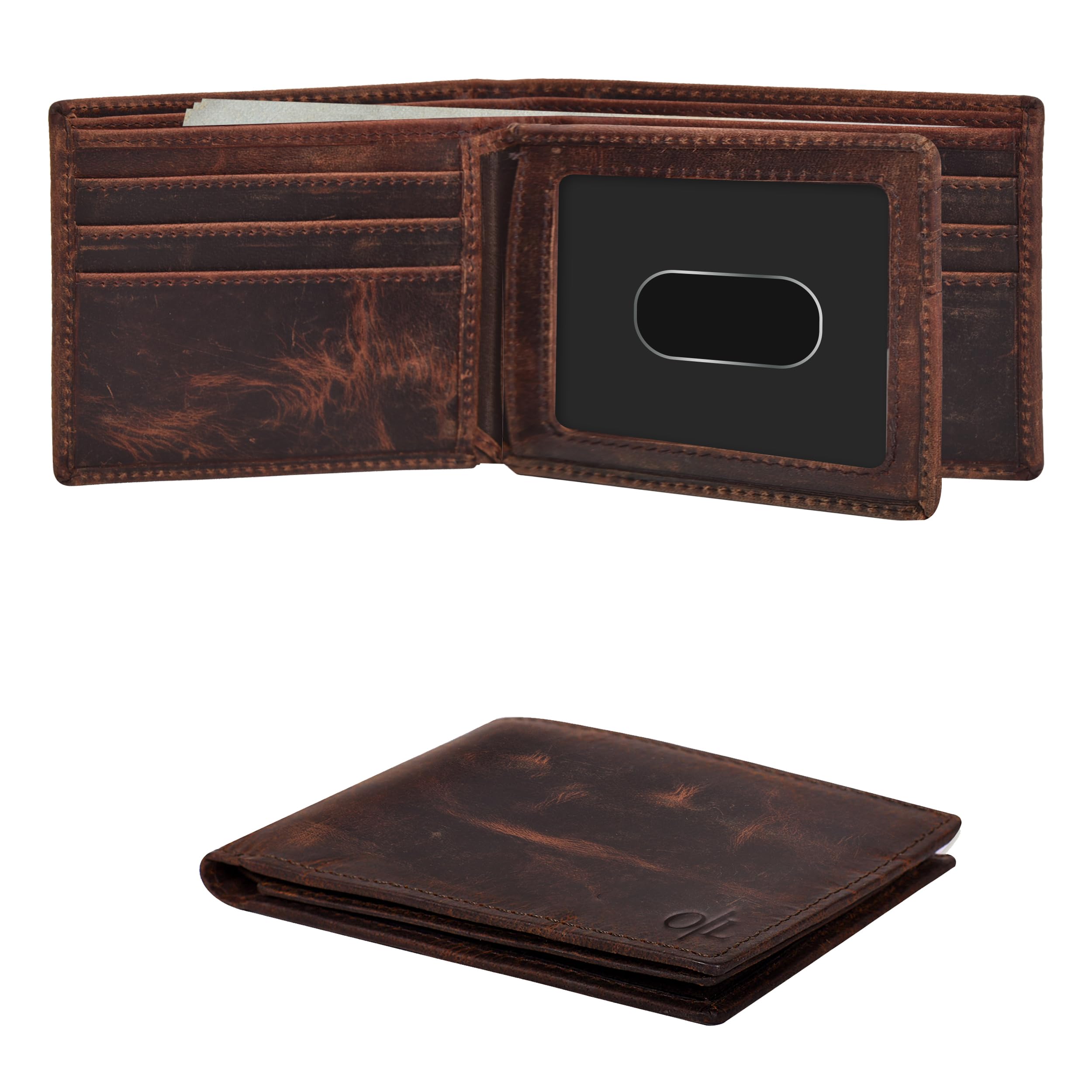 Photo 1 of Real Leather Bifold Wallet for Men - Wallets with 9 Credit Cards 1 ID Window Slim Minimalist Front Pocket (Vintage Brown-No Box)