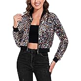 Anna-Kaci Women's Sparkly Sequin Cropped Jacket Long Sleeve Zipper Up Party Club Bomber Jacket