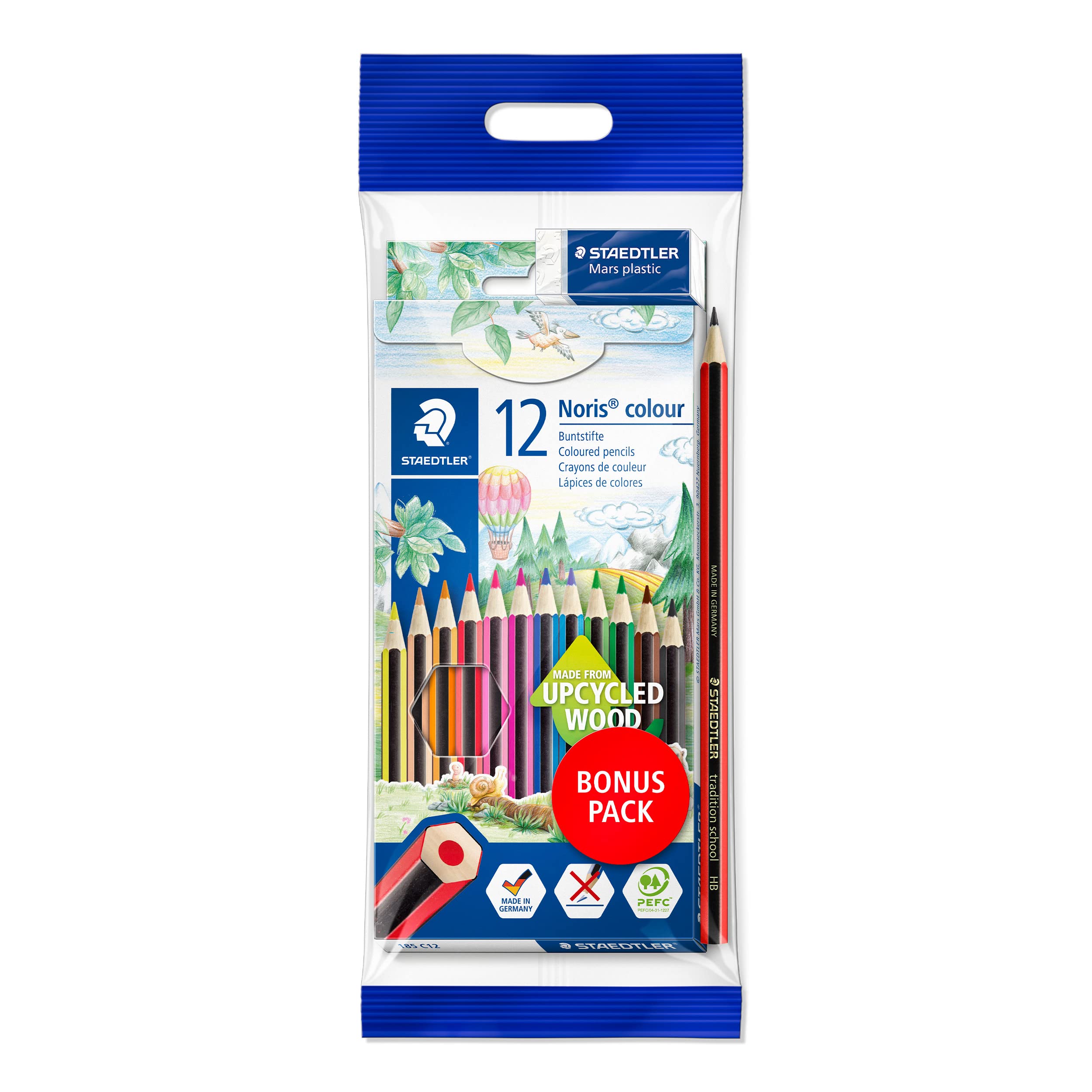 STAEDTLER 185 SET2 Noris Colour Colouring Pencils + FREE Tradition HB Pencil and Mars Eraser (Pack of 12 Pencils) — image 1