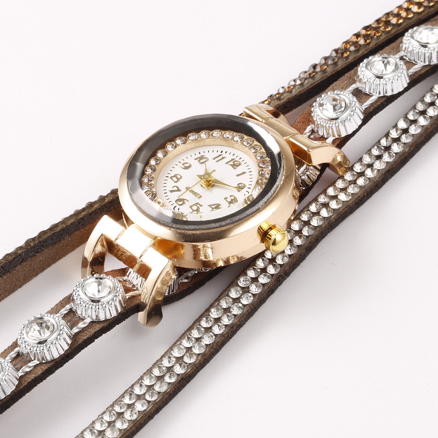 Zouvo Women Fashion Casual Decor Round Rhinestone Bracelet Watch (Coffee)