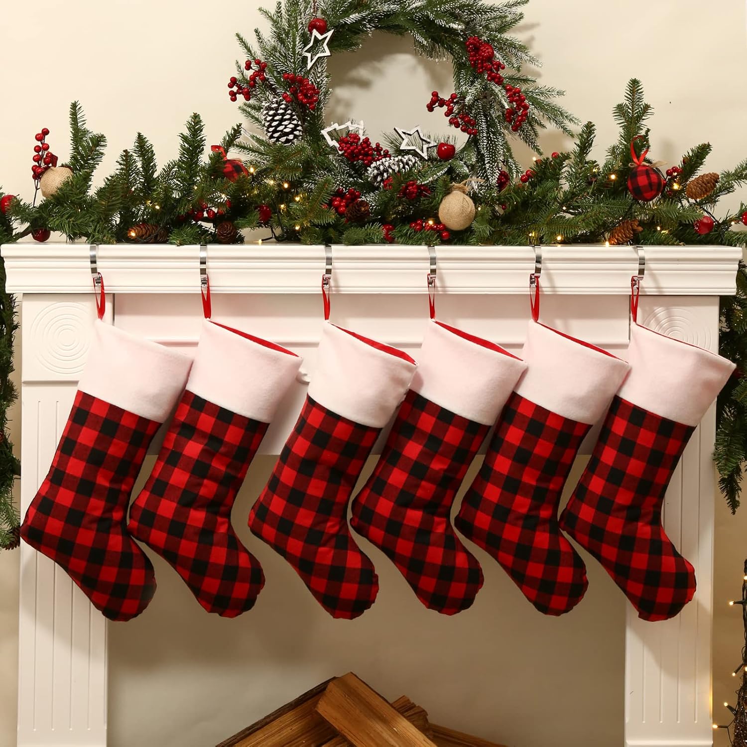 Stockings & Holders - LimBridge Christmas Stockings, 6 Pack 18 inches Buffalo Plaid with Plush Cuff, Classic Stocking Decorations for Whole Family, Red and Black