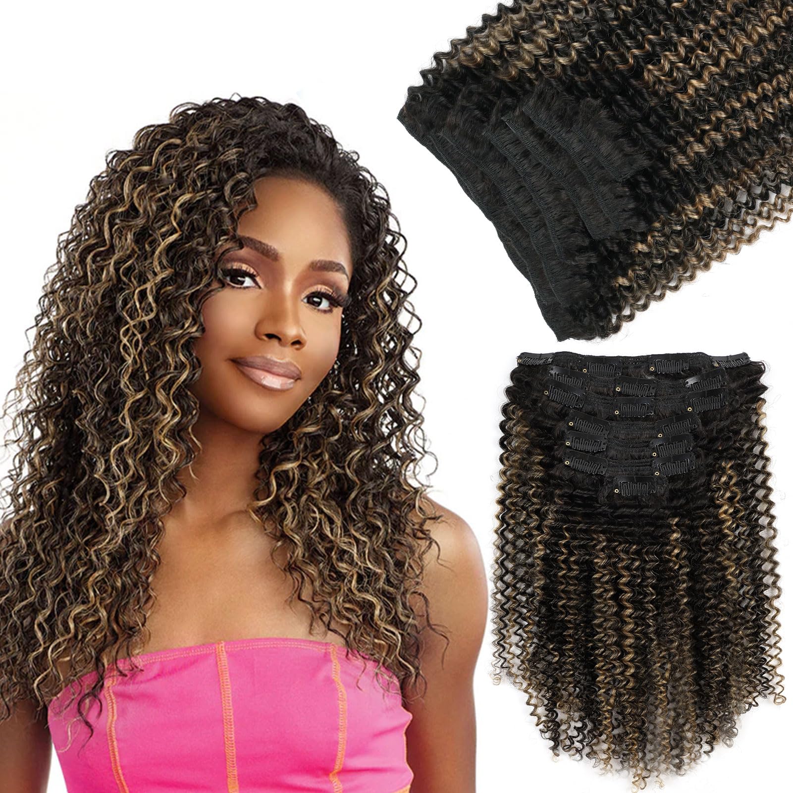 Yuniffe Kinky Curly Clip in Human Hair Extensions for Black Women 3C Curly Hair Clip ins Ombre Natural Black to Black Mixed With Camel Blonde #27 Double Weft Remy Kinky Hair Clip ins 12 Inch 7Pcs 120g — image 1