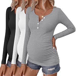 Huukeay 3 Pack Womens Maternity Long Sleeve Shirts | Pregnancy Tops, 92% Cotton, Ribbed Fabric, Scoop Neck, Henley Neck, Side