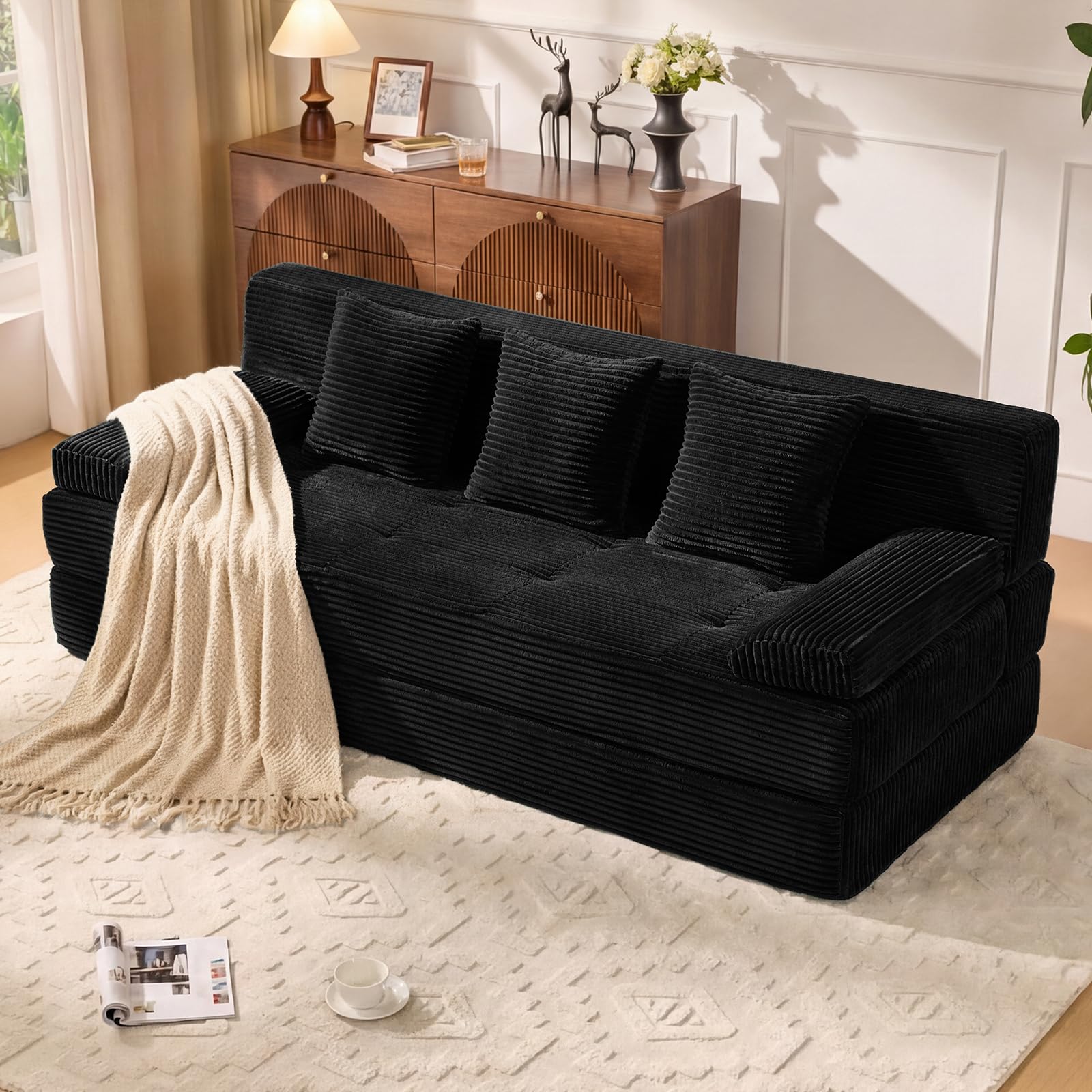 Photo 1 of LOOMORA 78.7IN Folding Sofa Bed - Convertible Sleeper Sofa Couch with Removable Pillows, 3 Seater Couches Bed for Living Room, Bedroom, Apartment, No Assembly Required, Freestanding, Corduroy, Black