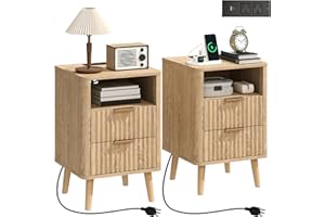 HOMCOM Nightstands Set of 2 with Charging Station, Modern Bedside Tables with 2 Drawers, Open Shelf, 2 Outlets and USB Ports,