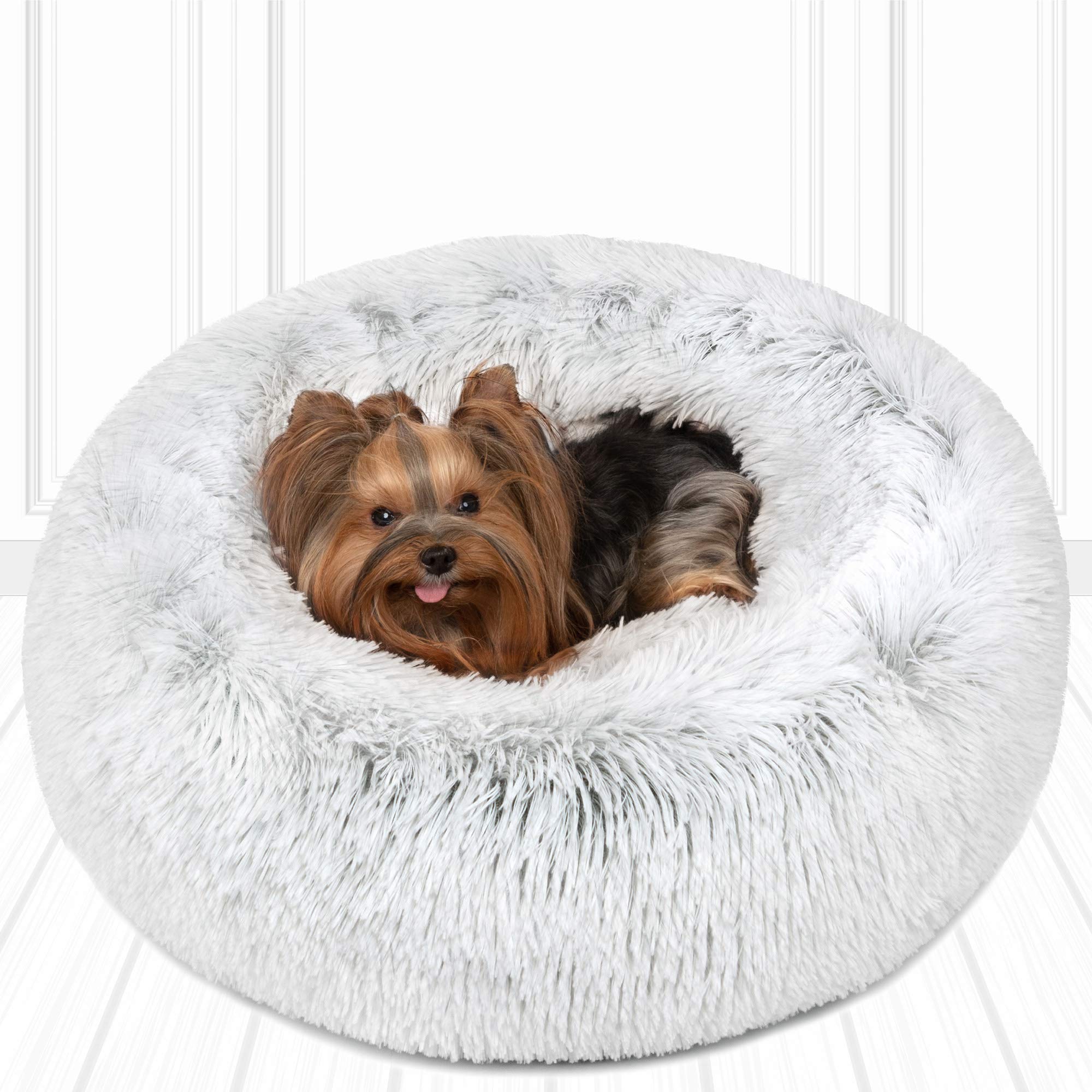 Friends Forever Donut Dog Bed Faux Fur Fluffy Calming Sofa For Small Dogs,  Soft Plush Anti Anxiety Pet Couch For Dogs, Machine Washable Coco Pet Bed