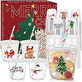 Xuelimei 12oz Christmas Disposable Plastic Cups with Lids and Straws-Xmas Tree Santa Reindeer Snow Cold Drinks, Coffee, Beer, Drinks, Ice Cream, Drinking Cups for Party Supplies. (100)