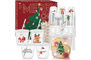 Xuelimei 12oz Christmas Disposable Plastic Cups with Lids and Straws-Xmas Tree Santa Reindeer Snow Cold Drinks, Coffee, Beer, Drinks, Ice Cream, Drinking Cups for Party Supplies. (100)
