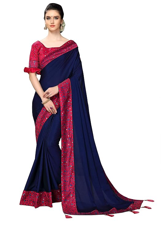 Women's Solid Cotton Silk Embroidery Lace Border Saree with Blouse Piece