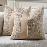 DEZENE Pack of 2 Faux Leather Boucle Throw Pillow Covers 18"x18" Neutral Beige Chic Accents Textured Square Decorative Pillow Cases for Living Room Couch Bed Farmhouse Boho Home Decor