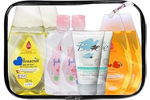 PARTYPOM Bath Essentials Travel Kit, 8 Piece TSA Approved Travel Size Bottles Toiletries Kit, Baby Shampoo (2) Top to Toe Body Wash (2) Baby Oil (2) Baby Sensitive Lotion(2)
