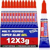 12 x 3g Super Glue Gel, Quick Dry, Thick Formula, All-Purpose Crazy Glue | Fast Instant Bond Adhesive, Strong Cyanoacrylate (CA) Glue for Plastic, Metal, Ceramic, Leather, Wood, DIY Crafts and More