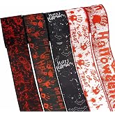TMXAOK 5 Roll Halloween Wired Ribbon, 2.5 Inch Black White Skull Pattern Gift Wrapping Ribbons, Blood Handprint Decorative Ribbons for Crafts Bow Wreath Gift Wrapping Halloween Party Decor, 25 Yards