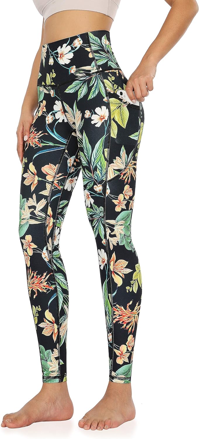 ODODOS Women's High Waisted Pattern Yoga Leggings with Pockets, Workout Sports Running Athletic Printed Yoga Pants: Clothing