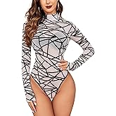 Avidlove Long Sleeve Bodysuit for Women Turtleneck Sheer Mesh Bodysuit Geo Print Leotards