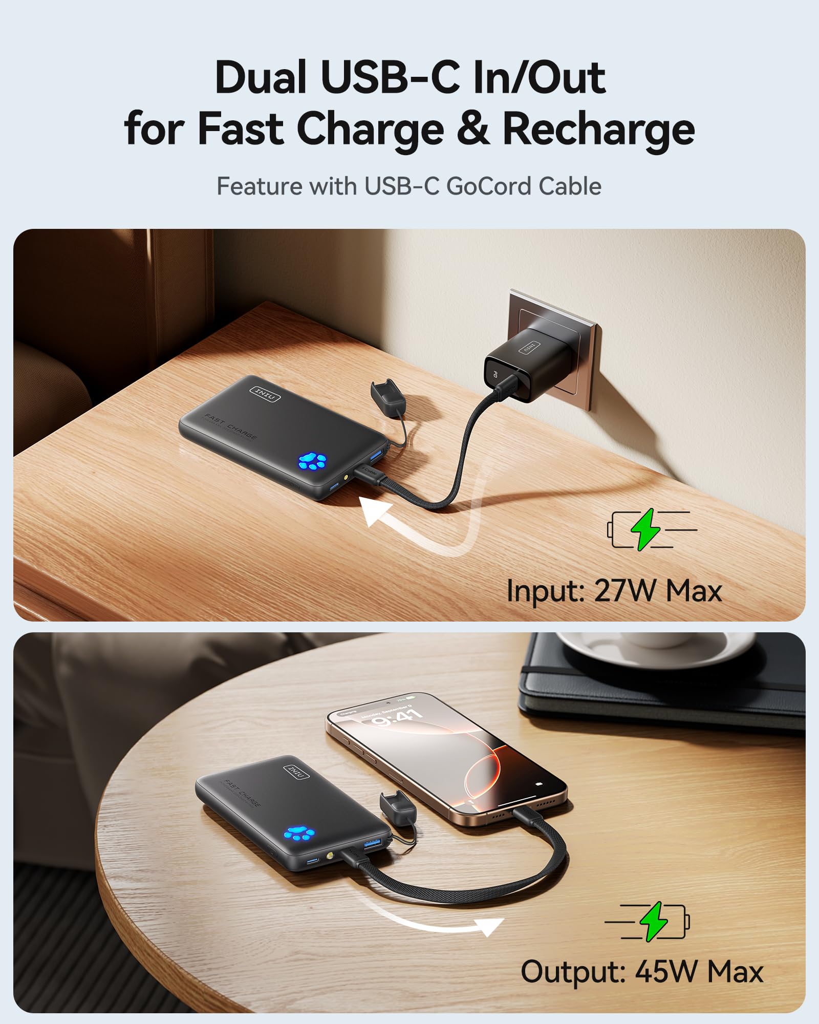 INIU Portable Charger, Ultra Slim 10000mAh 45W PD Power Bank, USB C in&Out Fast Charging Battery Pack, Travel Essential Phone Powerbank Compatible with iPhone 17 16 15 Samsung S22 S21 Google iPad etc