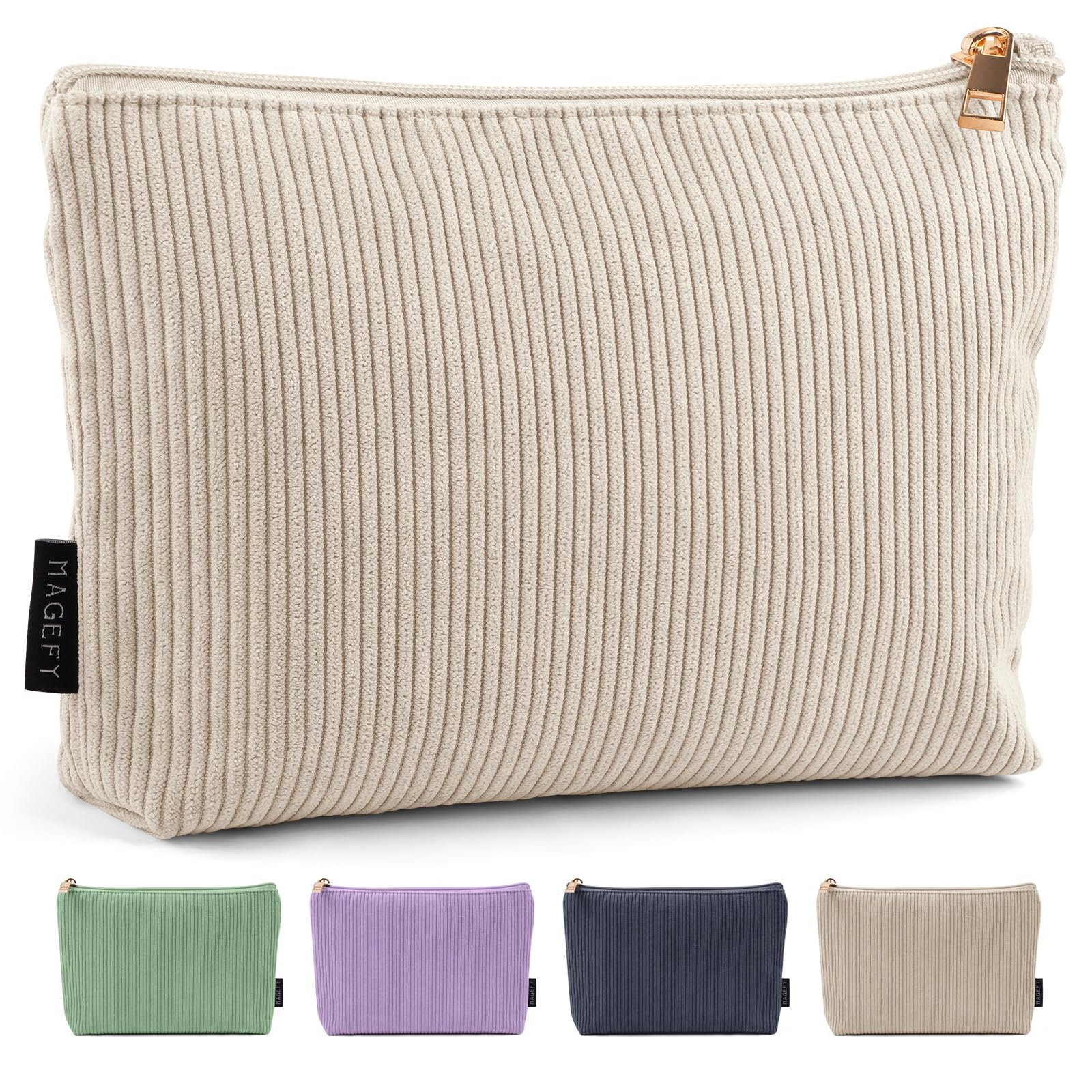 Photo 1 of MAGEFY Small Makeup Bag for Purse Corduroy Makeup Bag with Inner Zipper Pockets Travel Cosmetic Bag for Women Preppy Stuff Aesthetic Gifts, Beige