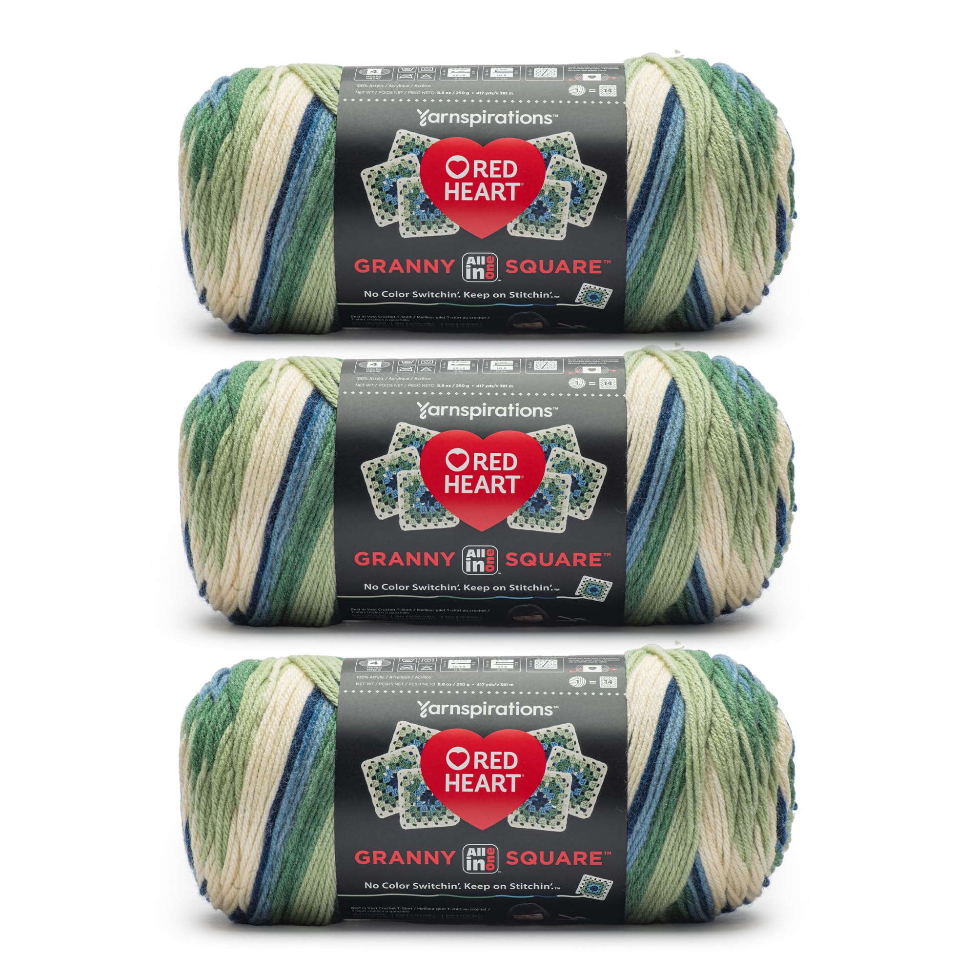 Red Heart All in One Granny Square Aran - Lily PAD Yarn - 3 Pack of 250g/8.8oz - 100% Acrylic - #4 Worsted (Medium) - 381m/417Yards - for Knitting, Crochet and Amigurumi