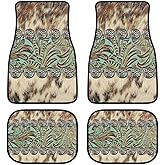 LONSANT Universal Car Floor Mats Set of 4,Rustic Brown Beige Teal Western Country Cowboy Tooled Leather Vehicle Front Rear Carpets Non-Slip Rugs Auto Accessories Fit for SUV Van Truck