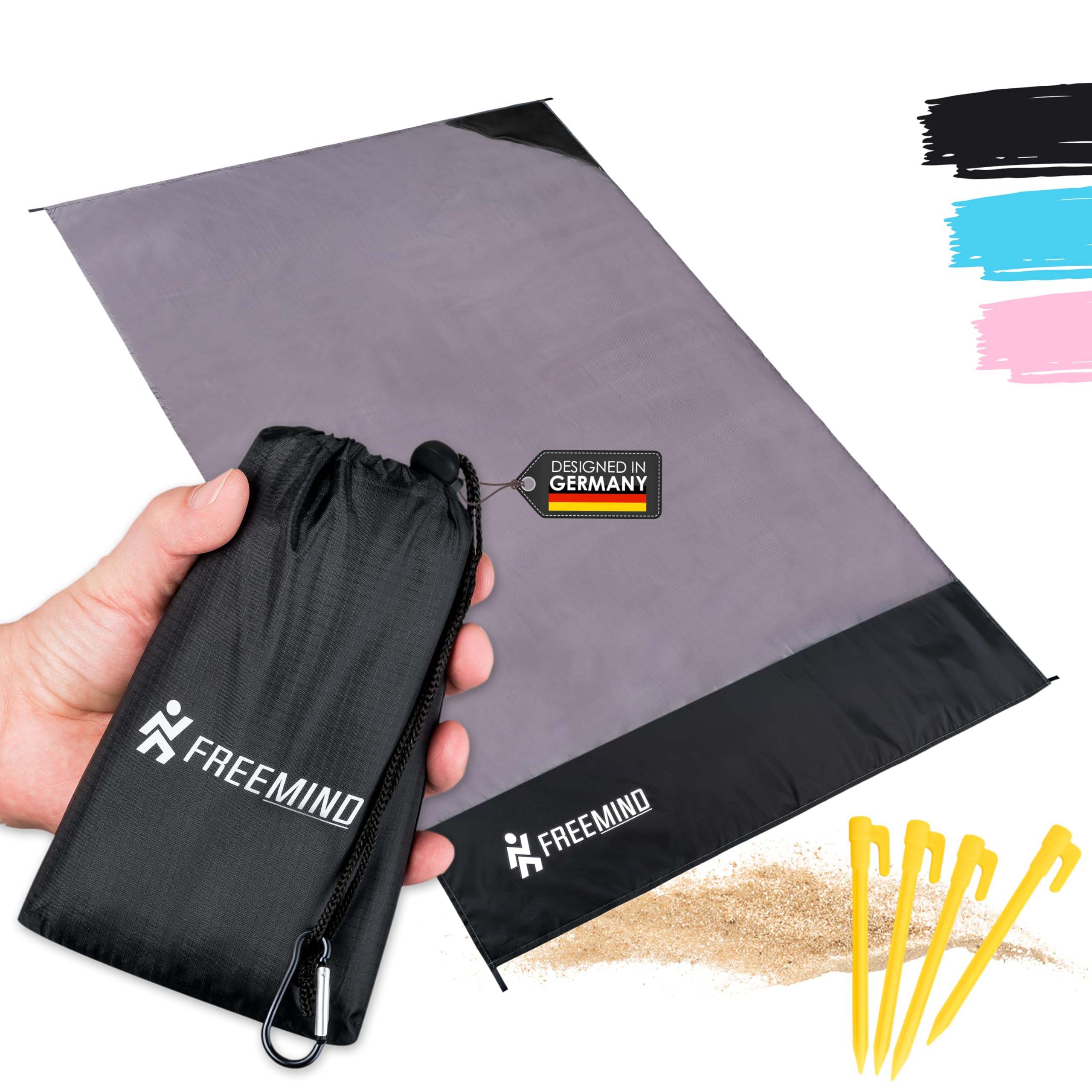 freemind Outdoor Picnic Blanket - Ultralight Thin Beach Blanket without Padding - 140 x 200 cm - Water-Repellent, Compact, Sand-Free - Mini Pocket Blanket - Includes Bag, 4 Pegs, Carabiner