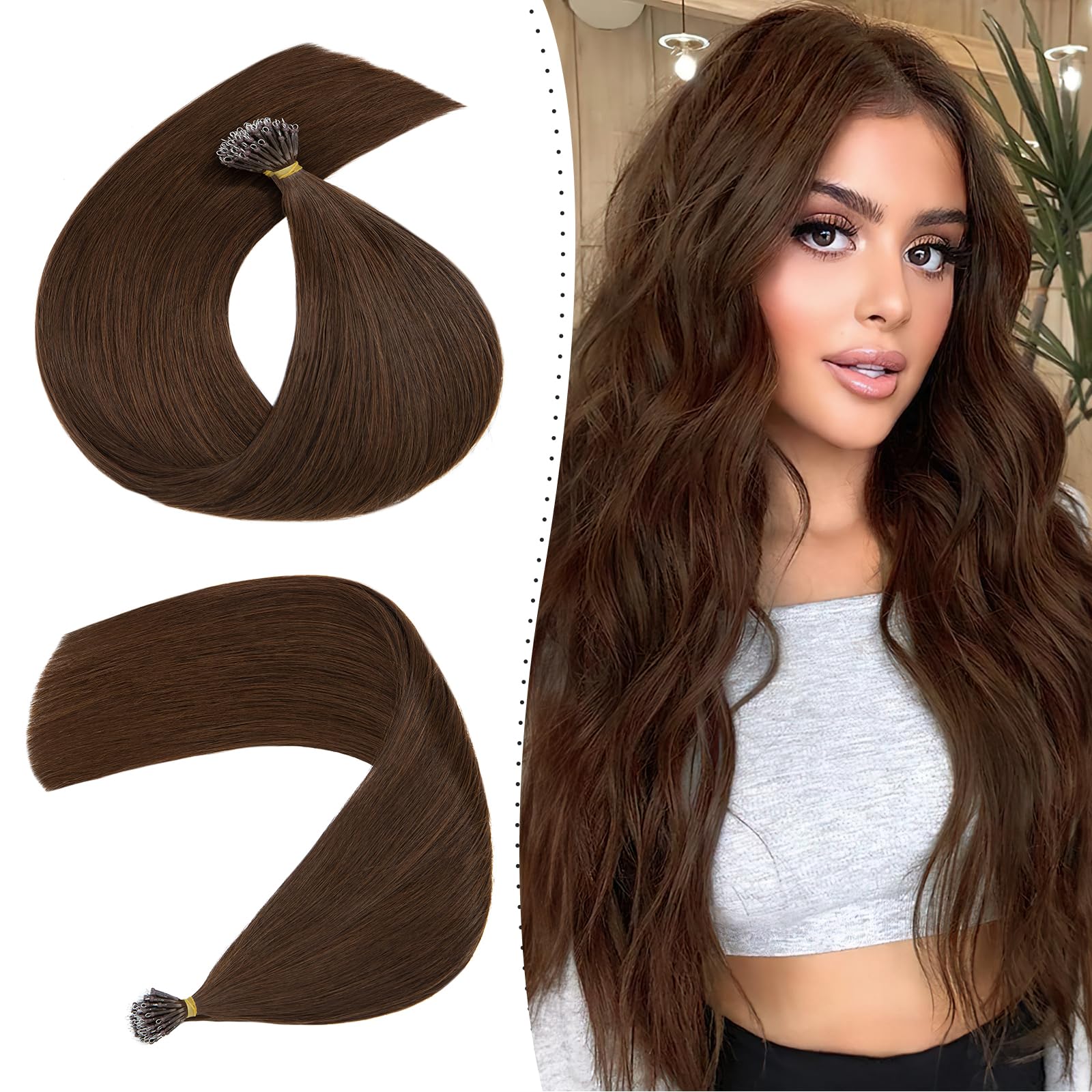 Silk-co Nano Ring Hair Extensions Human Hair 1g/s 50g/pack 100% Real Brazilian Natural Human Hair Nano Tip Extensions [24" #04 Medium Brown]