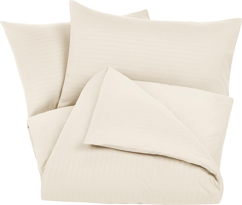 Parure de Lit 2 Personnes 3 Pièces en Microfibre, Housse de Couette 200 x 200 cm et 2 Taies d'oreiller 50 x 80 cm, Beige Rayé