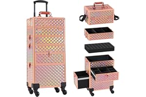Somduy Rolling Makeup Case with Drawer, Makeup Train Case, 4 in 1Cosmetology Case on Wheels, Christmas Gift, Large Makeup Case Organizers, Profesional Cosmetic Case for Salon Barber, Rose Glod