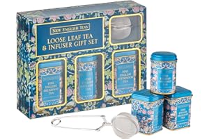 New English Teas Loose Leaf Tea & Infuser Gift Set – 3 Song Thrush Tins with Breakfast, Earl Grey & Afternoon Blends with Loo