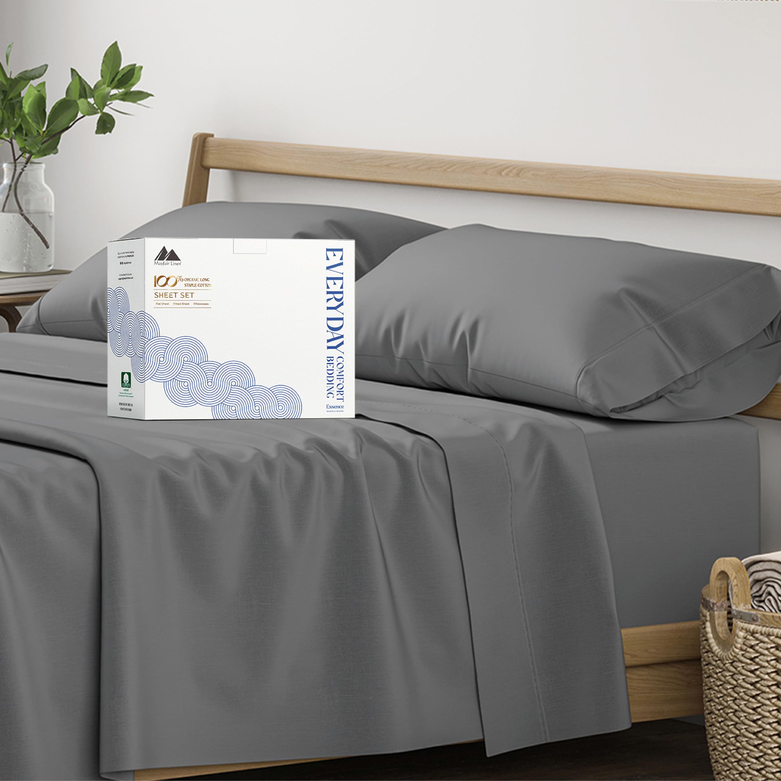 Photo 1 of Mayfair Linen 100% Organic Cotton Sheets Queen Size - 4 PC Organic Cotton Queen Size Percale Weave Sheet Set, Soft, Cooling, Crisp & Breathable, 16" Deep Pocket Hotel Quality Bedding Set - Dark Grey