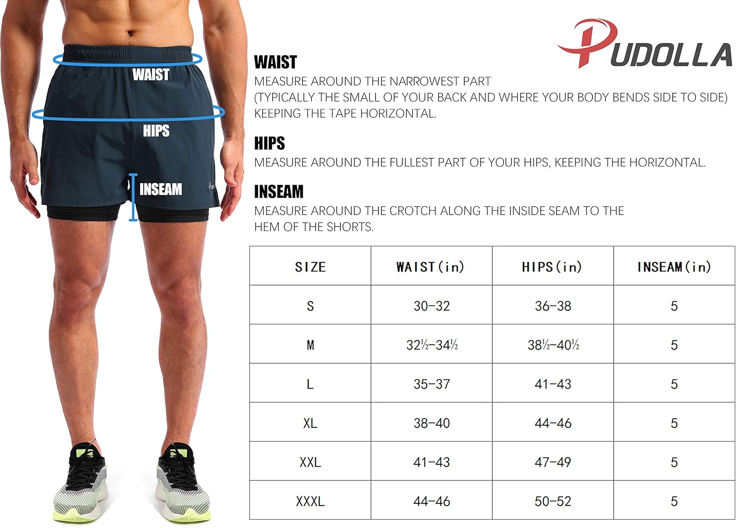 Pudolla Men’s 2 in 1 Running Shorts 5" Quick Dry Gym Athletic Workout Shorts for Men with Phone Pockets: Clothing