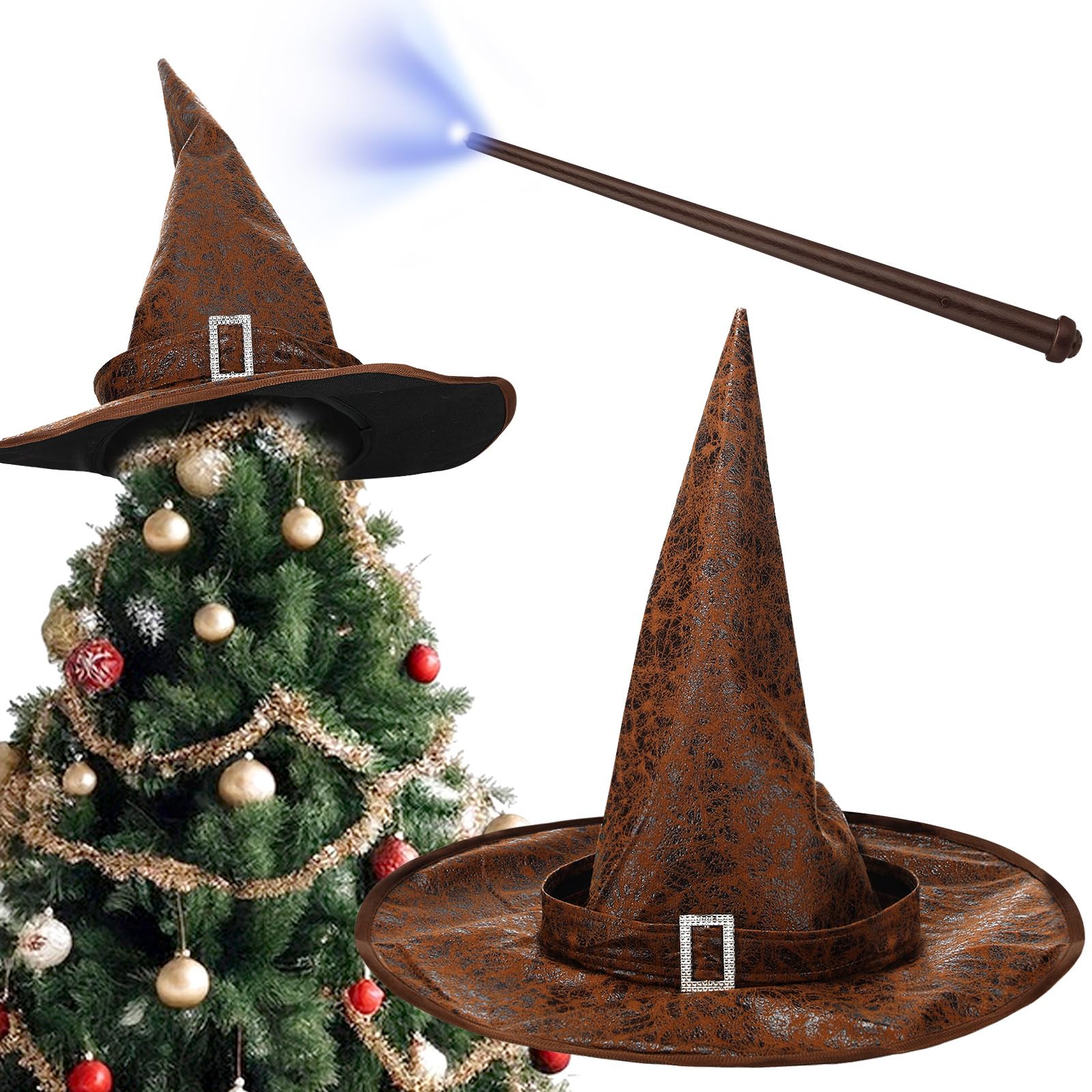 Photo 1 of 2 Pcs Magical Wizard Hat Christmas Tree Topper with Light up Magic Wizard Wand Brown Witch Hat Christmas Tree Topper Decorations Vintage Witch Decor for Xmas Holiday Winter Party Decorations