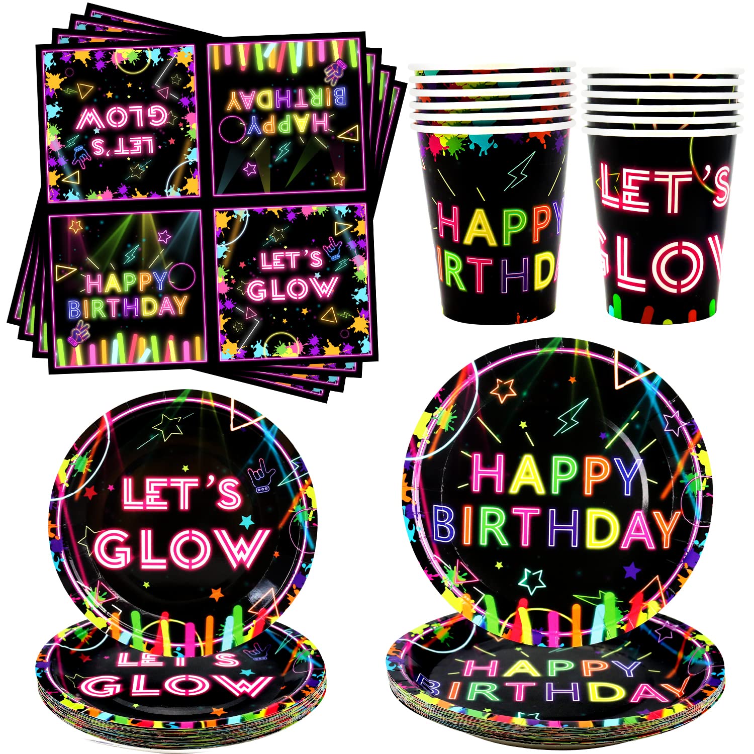 Ywediim Glow Neon Party Tableware Supplies Serves 20 - Includes Plates, Cups,Napkins,for Let’s Glow Theme Blacklight Party Decorations (Serves 20)