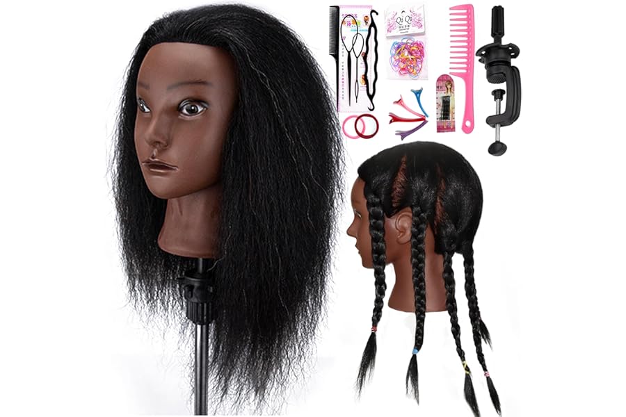 Mannequin Head With16” Human Hair Cosmetology Manikin Doll Head with 100% Real Human Hair Mannequin Head for Braiding Hairstylists Cosmetology Students Practice Styling with Free Clamp Holder-Black