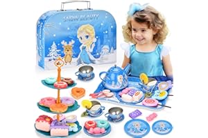 Lajeje Tea Party Set for Little Girls - Frozen Toys for Girls - Elsa Princess 48 Pack Kids Kitchen Pretend Toy with Tin Tea Set, Desserts & Carrying Case - Birthday Gift for Age 3 4 5 6 Year Olds