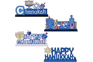 GIFT BOUTIQUE 4 Piece Hanukkah Tabletop Decorations Set Happy Chanukah Wooden Signs Menorah Dreidel Star of David Blue Glitter Holiday Display Decor for Home Mantel and Party