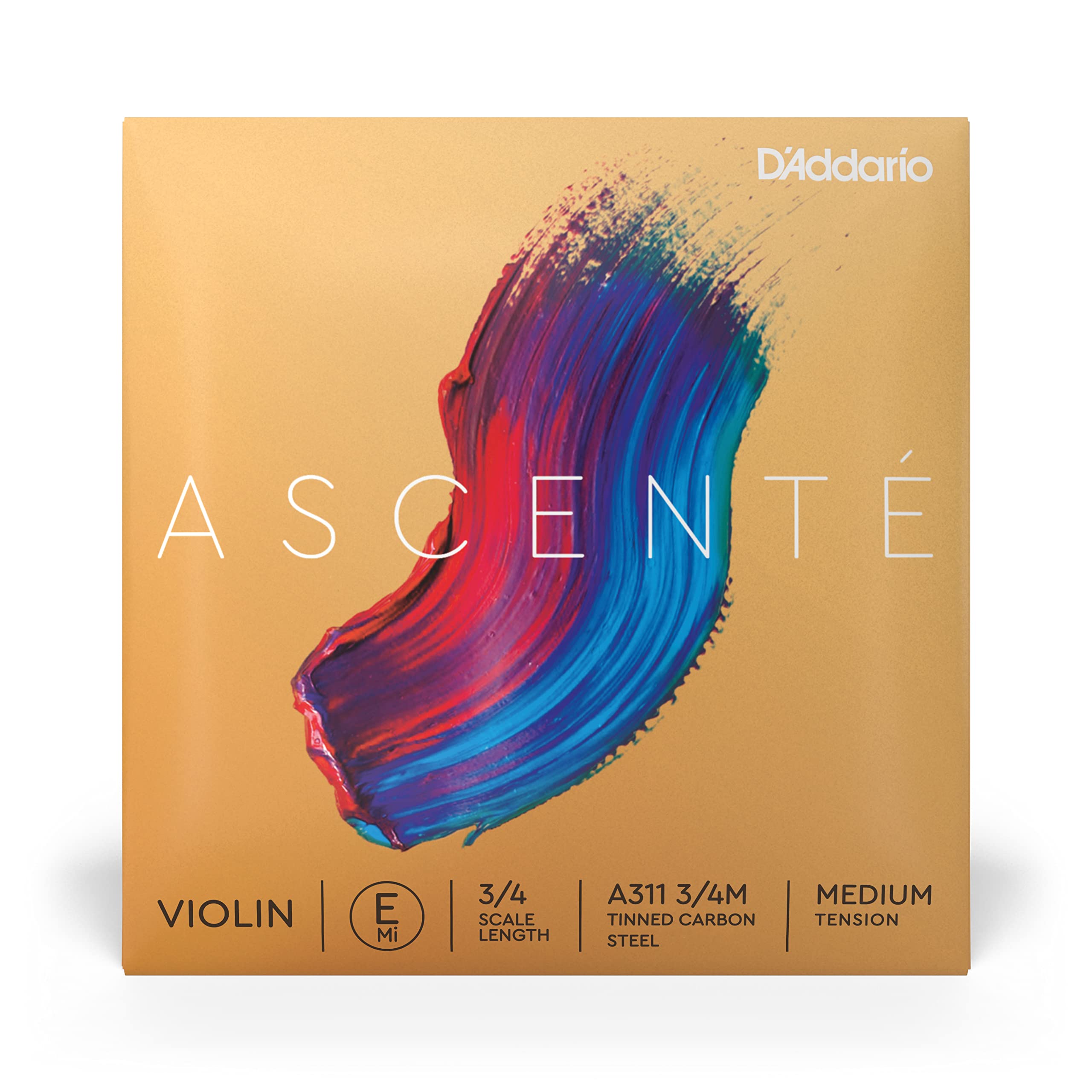 D'Addario Ascente Violin Strings - Violin Strings with Ball Ends, Synthetic Core - A311 3/4M - E String - 3/4 Scale - Medium Tension